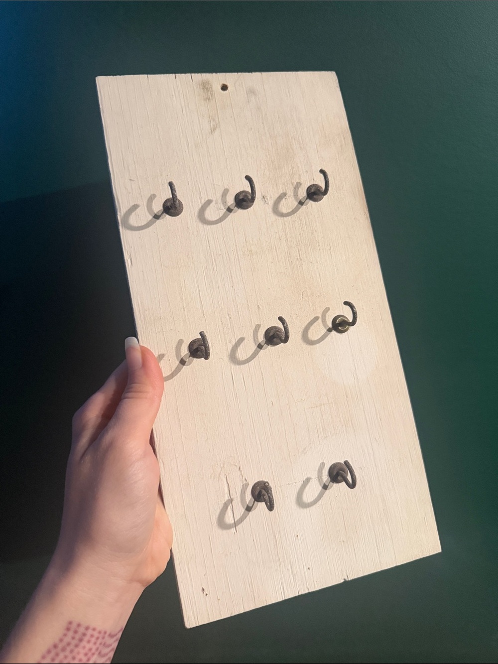 Rustic old worn Wooden Wall Hook Board in Cream with Black Hooks